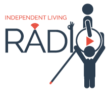 The Independent Living logo is formed by various figures. There's a person in a wheelchair, a person who is blind raising his arms as a gesture of liberty, and a hand representing sign language. Also accompanying the logo is the network's slogan phrase 'Independent Living Radio as different as you are.'
