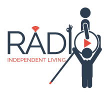Independent Living Logo - Word RADIO made up of several figures: a person in a wheelchair, a blind person raising his arms as a sign of freedom and a hand in the form of sign language. It also accompanies a radio network on the text and the phrase Independent Life as a slogan.
